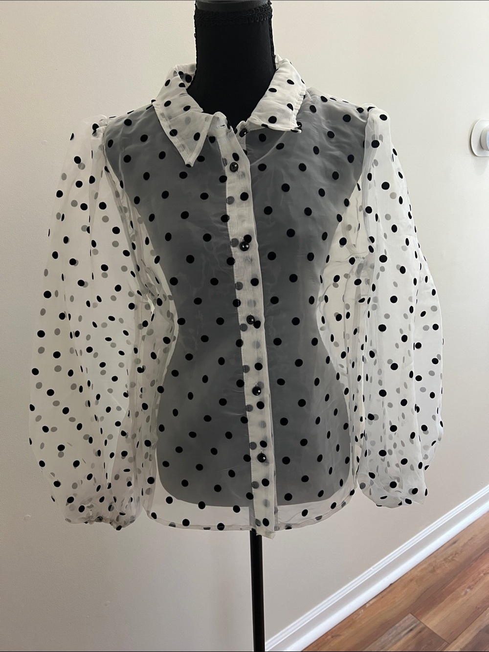 Kaktus White Sheer Polka Dot Button-Up Blouse with Black Dots